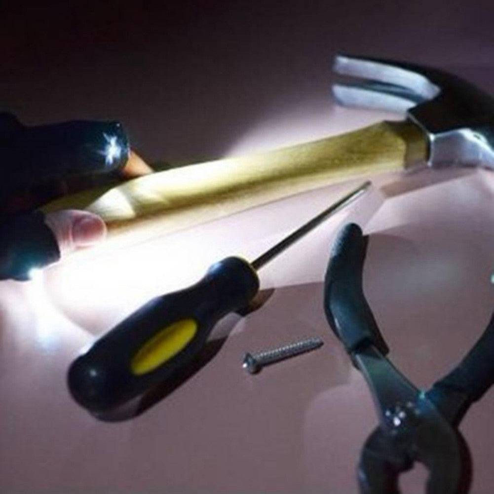 LED glove illuminating tools including a hammer, screwdriver, and pliers, ideal for nighttime repairs and outdoor tasks.